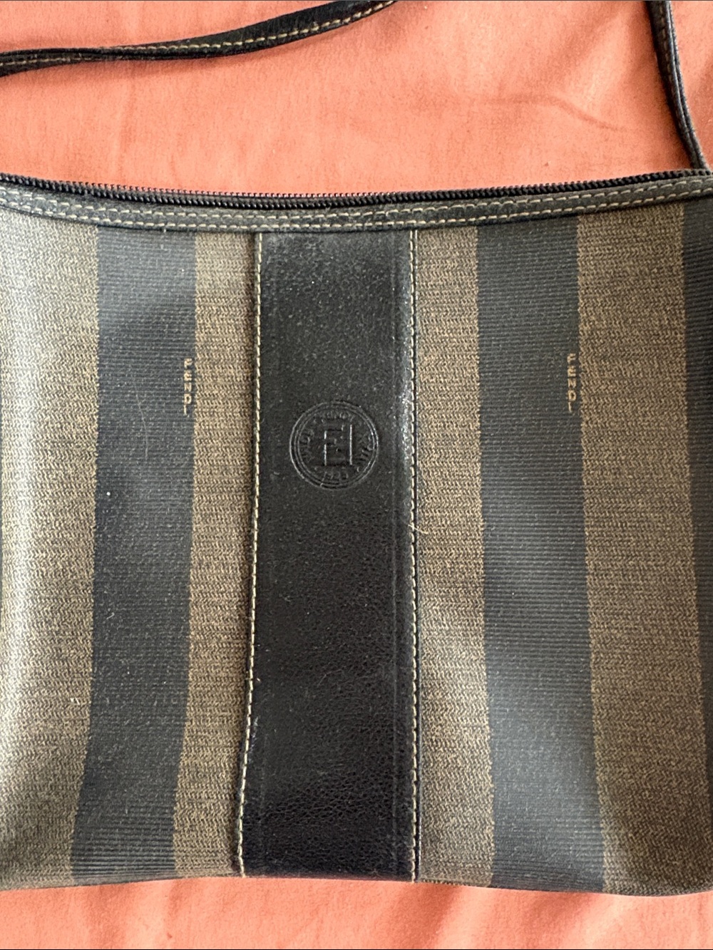 Fendi Brown and Black Striped Canvas Messenger Bag with Central Leather Panel